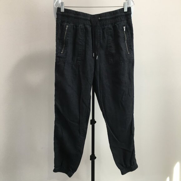 ATHLETA Black CABO 100% Linen Drawstring Waist Zip Pocket Mock Fly Jogger Pant - Picture 7 of 11